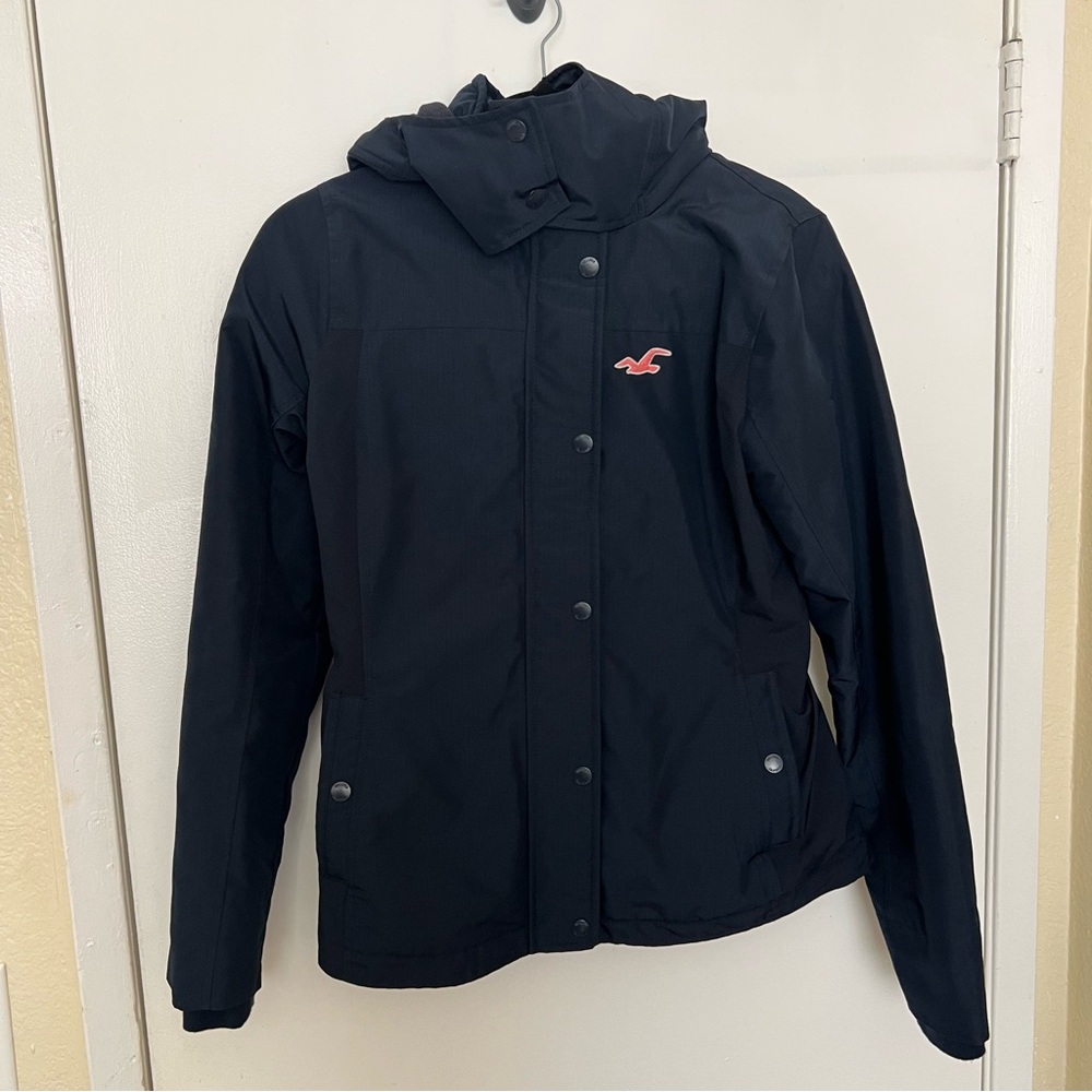 Hollister All-Weather Hooded Jacket Navy Blue Water Resistant Cozy Winter Wear - Picture 2 of 12